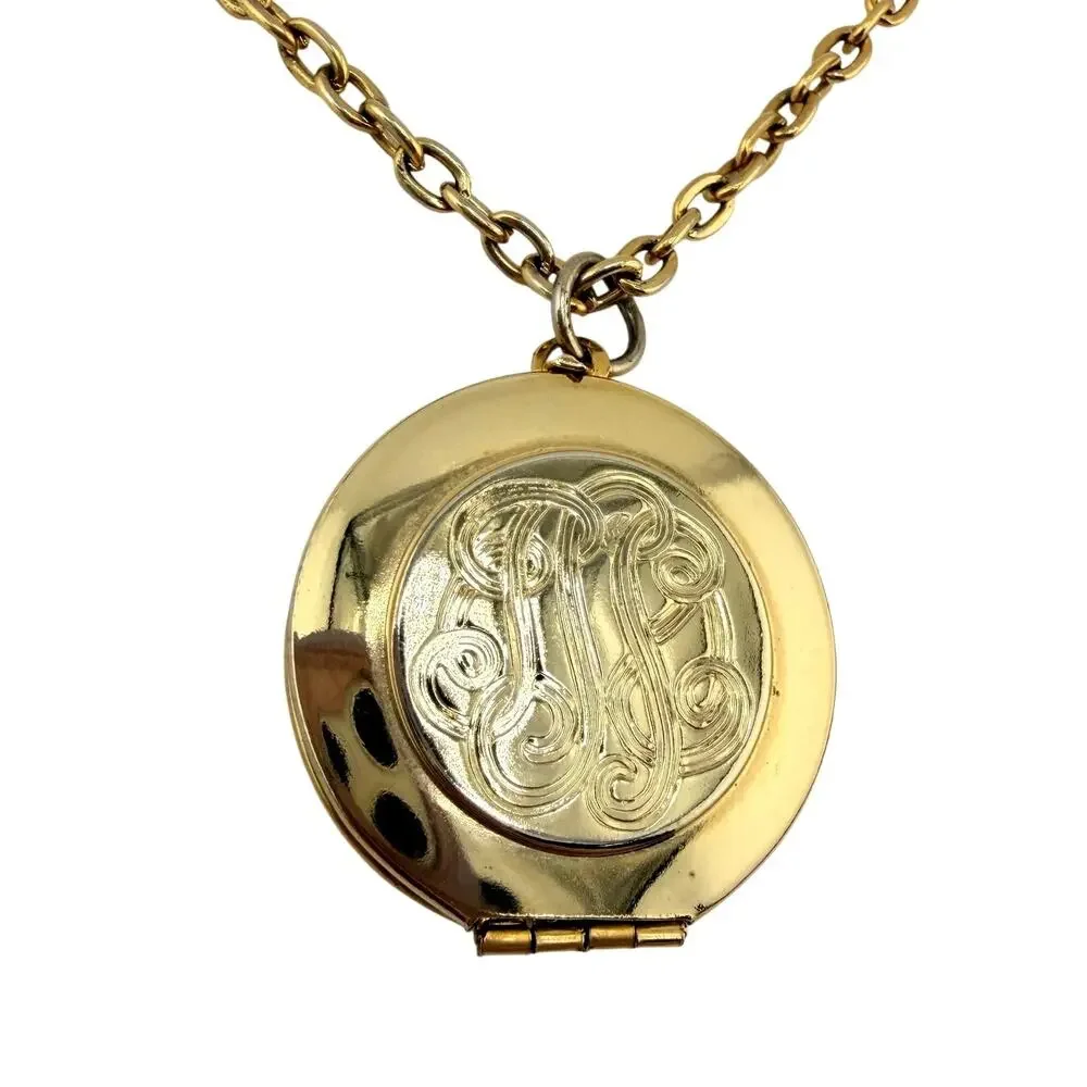 Vintage Monogram Locket Pendant Layered Multichain Gold Tone 19